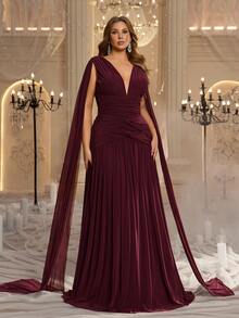 Glamrae Plus Size Elegant Luxurious Angora Red V-Neck Flutter Sleeve Ruched Twist A-Line Evening Gown, Suitable For Evening Party, Date, Vacation, Wedding, Event, Guest Dress - Burgundy - View 7