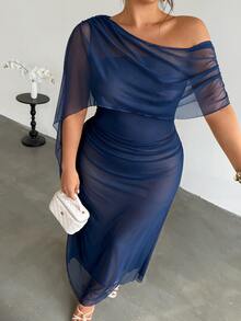Firerie Plus Size Women's Long Sleeve Dress, Comfortable Casual Elegant Vacation Date Party Gathering Afternoon Tea Exquisite Charming INS Style Fashion Ruched Cape Asymmetrical Overlay Mesh Elastic - Navy Blue - View 7