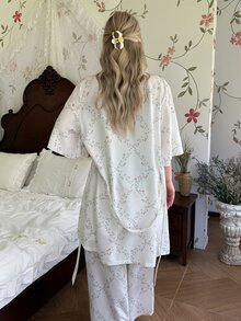 CottageSlumber Plus Size Fresh Ditsy Floral 3 Pieces Pajama Set, Minimalist Long Robe + Comfortable Camisole Loungewear Set - Beige - View 2