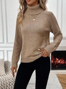 SHEIN 女款素色高領插肩袖休閒套頭毛衣 - 薑色 - 查看 3
