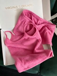 Franclia 女款純色細肩帶上衣與短褲休閒日常套裝 - 玫紅色 - 查看 5