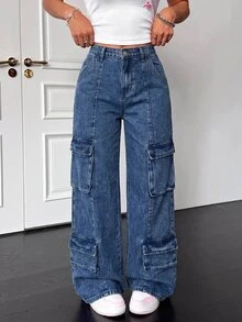 Teen Girl Pocket Button Casual Daily Wear Cargo Denim Jeans - Medium Wash - View 4
