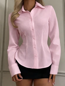 SHEIN EZwear 女款休閒收腰長袖鈕扣襯衫，適合秋冬穿著 - 粉色 - 查看 6