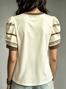 Trelyra Women's Plus Size Striped Round Neck Short Petal Sleeve Casual T-Shirt - White - View 2