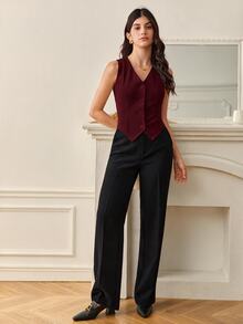 SHEIN Tall 秋冬款純色鈕扣前襟背心西裝外套 - 酒紅色 - 查看 4