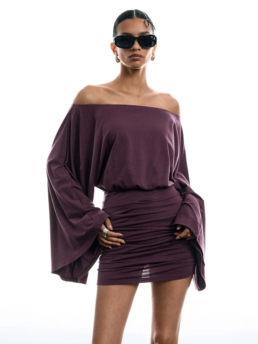 LYSMO Women's Solid Color Off-Shoulder Long Sleeve Ruched Fashion Dress - Red Violet - View 1
