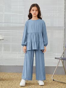 SHEIN 女童寬鬆優雅圓領A字長袖上衣與寬腿褲套裝 - 藍色 - 查看 3