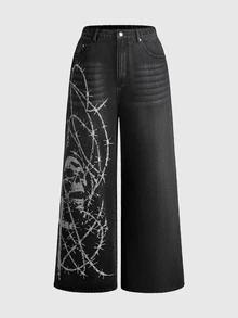 ROMWE Grunge Punk Dark Punk Plus Size Women's Jeans Skull Print Design Loose Straight Leg Street Style Denim Pants - Black - View 1
