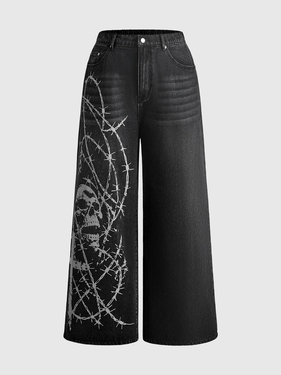 ROMWE Grunge Punk Dark Punk Plus Size Women's Jeans Skull Print Design Loose Straight Leg Street Style Denim Pants - Black - View 1