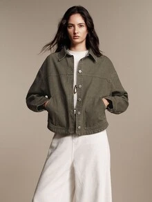 Anewsta Essential Women's Vintage American Style Washed Denim Collared Short Jacket In Army Green, Autumn/Winter - Green - View 7