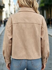Linhara CURVE Plus Size Women's Autumn/Winter Suede Fleece Lapel Pocket Jacket - Khaki - View 2