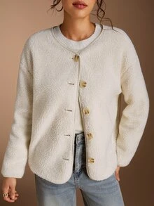 SHEIN BASICS Women's Solid Color Long Sleeve Single-Breasted Casual Regular Fit Jacket Travel Everyday Off-White Autumn Office Everyday Going Out - Apricot - View 9