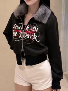 FRIFUL Women's Letter Print Long Sleeve Zip-Up Fur Collar Jacket - Black - View 3
