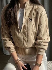 Dazy Plus Pattern Embroidered Cable Knit High Neck Long Sleeve Loose Zipper Casual Old Money Vacation Spring Autumn Pullover Sweater - Khaki - View 1
