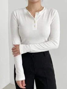 Dazy Plus Plus Size Casual Half-Button Long Sleeve White T-Shirt - White - View 4