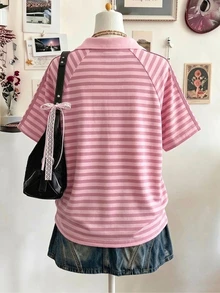 Lalippa Women's Striped Casual Regular Fit Loose Raglan Short Sleeve Collared T-Shirt - Multicolor - View 2
