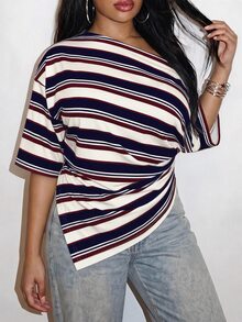Slaydiva Casual Minimalist Striped Print Pattern Plus Size T-Shirt Suitable For Autumn - Multicolor - View 3