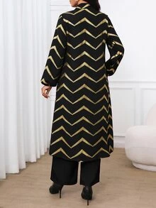 SHEIN Lady 女款金色箔波浪條紋長襯衫與長褲休閒兩件套 - 黑色 - 查看 2