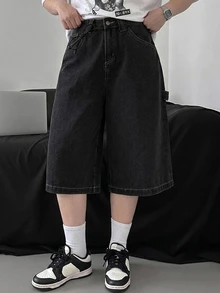 Dazy Plus Celana Pendek Denim Vintage Model Longgar Lebar Gaya Jalanan Kasual Denim Celana Pendek Bermuda Musim Semi Musim Panas Musim Gugur - Hitam - View 3
