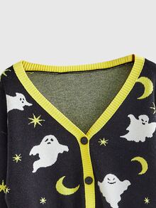 ROMWE Goth Halloween Black Open Front Jacquard Ghost Gradient Star Women's Cardigan Sweater - Black - View 3