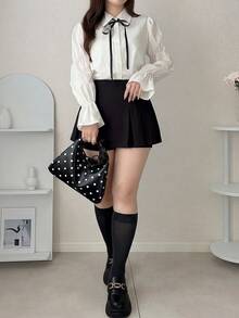 Dazy Plus Preppy Style Bowknot Lace-Up Flared Sleeve White Shirt, Spring/Autumn New Arrival - White - View 5