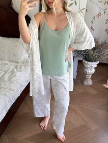 CottageSlumber Plus Size Fresh Ditsy Floral 3 Pieces Pajama Set, Minimalist Long Robe + Comfortable Camisole Loungewear Set - Beige - View 3