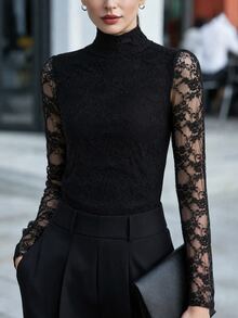 Balvessa Women's Lace Patchwork Slim Fit Versatile Casual Daily Blouse - Black - View 1
