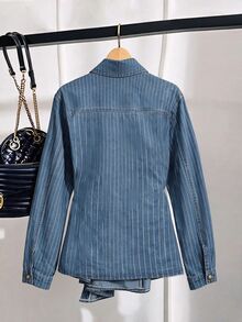 GlowEve CURVE Plus Size Women's Striped Long Sleeve Single-Breasted Casual Denim Jacket - Medium Wash - View 2