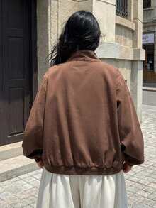 Flexra Plus Size Vintage Button & Zipper Long Sleeve Pocket Denim Jacket - Brown - View 3