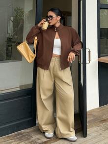 Flexra Plus Size Vintage Button & Zipper Long Sleeve Pocket Denim Jacket - Brown - View 6