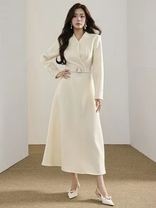 Heiryn Gaun Elegan Wanita Warna Polos Kerah V Lengan Panjang - Aprikot - View 5