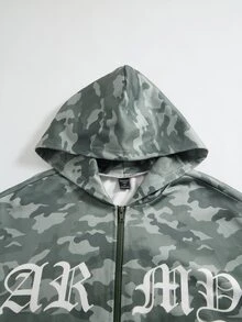 ROMWE MEN Street Life Jungle Green Camo Patchwork English Letter Zipper Hoodie And Sweatpants 2 Pieces Set, Street, Sports, Fashion - Multicolor - View 3