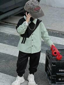 SHEIN 2pcs Kids Young Boy Casual Daily Comfortable Colorblock Contrast Collar 2 In 1 Long Sleeve Button-Down Shirt And Solid Color Long Pants Woven Two Pieces Set - Multicolor - View 1