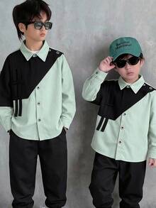 SHEIN 2pcs Kids Young Boy Casual Daily Comfortable Colorblock Contrast Collar 2 In 1 Long Sleeve Button-Down Shirt And Solid Color Long Pants Woven Two Pieces Set - Multicolor - View 2