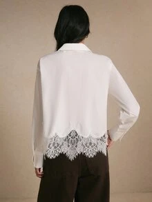 Poéselle Women's Elegant Commute Solid Color Lace Patchwork Blouse - White - View 3
