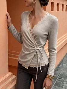 Flora Isola Flora Isola Autumn Elegant Romantic Lace Trim Tie-Front Wrap T-Shirt Brunch Khaki - Khaki - View 6