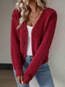 SHEIN 女款素色休閒百搭日常穿著開襟衫 - 中紫紅色 - 查看 4