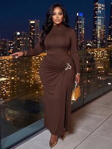 Poshavie Poshavie Plus Size Elegant Long Sleeve Bodycon Midi Dress Metal Ring Ruched Wrap Party Autumn Dress - Brown - View 3