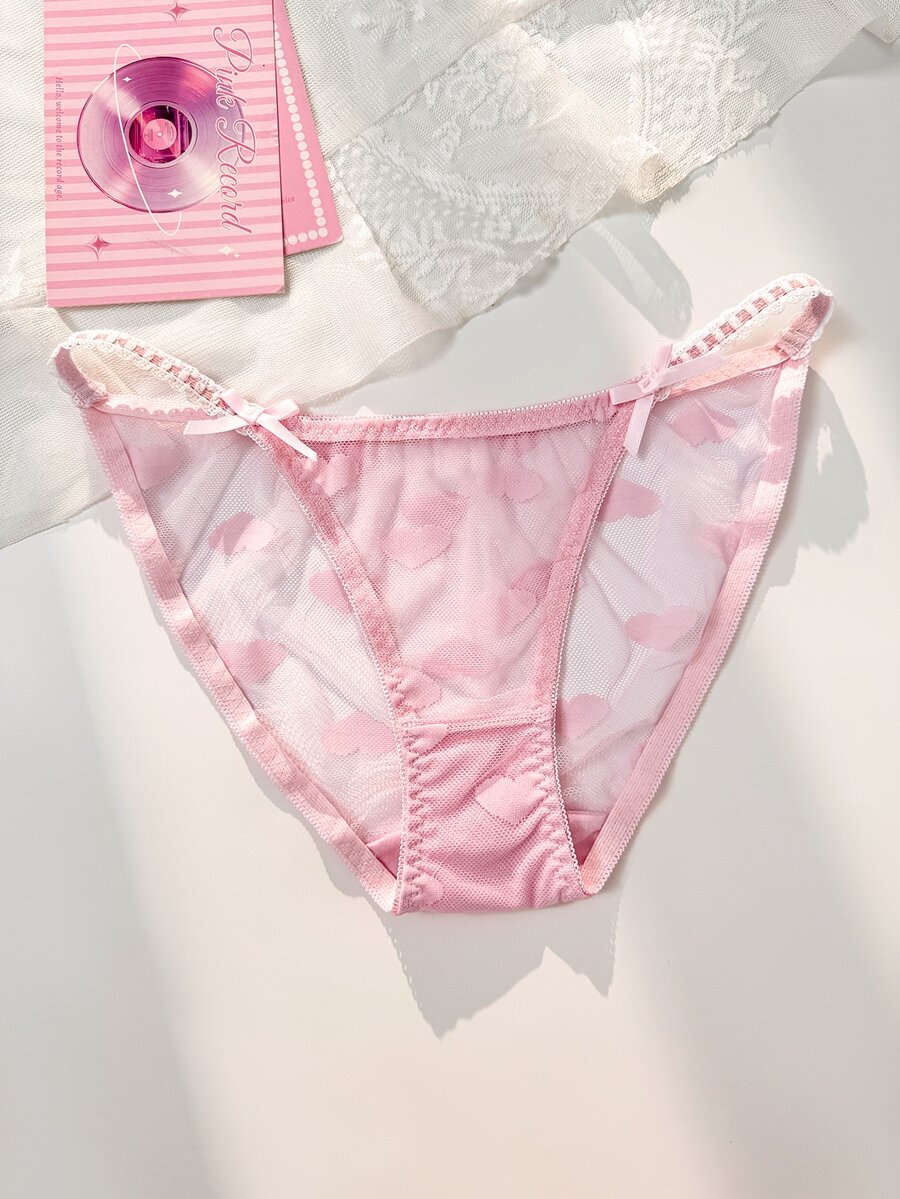 PetitDoll Pink Heart Mesh Ribbon Patchwork Coquette Doll Comfortable Women's Triangle Panties - Pink - View 1