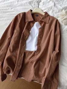 DAZY Women's Cotton Blend Loose Fit Solid Purple Casual Versatile Everyday Shirt - Coffee Brown - View 5