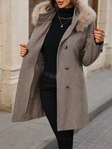 EMERY ROSE Women's Autumn/Winter Casual Elegant Plaid Vintage Collar Wool Blend Jacket Winter Jacket Brown Jacket - Coffee Brown - View 8