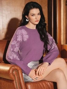Anewsta Sweater Wanita Elegan Romantis Lengan Panjang Leher Bulat dengan Hiasan Renda, Potongan Longgar, Cocok untuk Aktivitas Sehari-hari - Mauve Purple - View 1