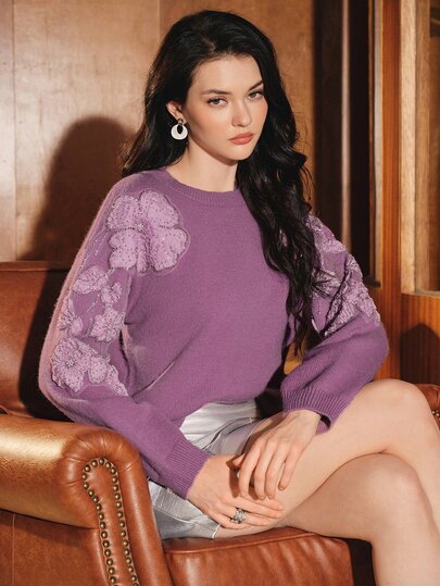 Anewsta Sweater Wanita Elegan Romantis Lengan Panjang Leher Bulat dengan Hiasan Renda, Potongan Longgar, Cocok untuk Aktivitas Sehari-hari