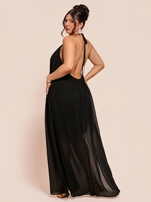SHEIN BAE 大尺碼女款純色掛脖開衩設計休閒日常派對洋裝 - 黑色 - 查看 2
