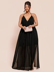 SHEIN BAE 大尺碼女款純色掛脖開衩設計休閒日常派對洋裝 - 黑色 - 查看 6