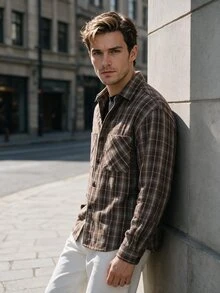 Manfinity Dauomo Men's Plaid Long Sleeve Single-Breasted Double Pocket Shirt - Brown - View 1