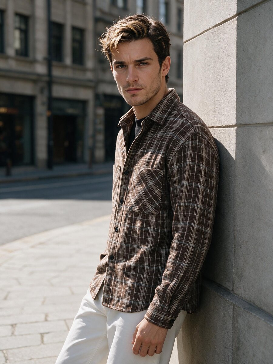 Manfinity Dauomo Men's Plaid Long Sleeve Single-Breasted Double Pocket Shirt - Brown - View 1