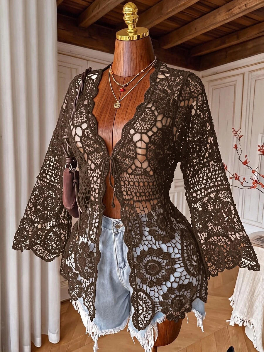 Comfortcana Plus Size Autumn Vintage Crochet Lace-Up Black Bell Sleeve Mid-Length Cardigan - Coffee Brown - View 1
