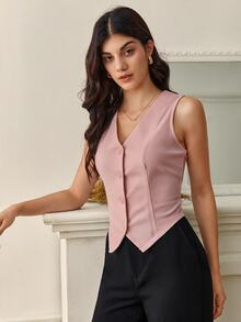 SHEIN Tall 秋冬款純色鈕扣前襟背心西裝外套 - 粉色 - 查看 2