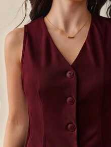 SHEIN Tall 秋冬款純色鈕扣前襟背心西裝外套 - 酒紅色 - 查看 6